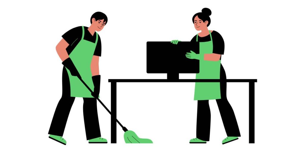 Cleaning schedule for office spaces on display as two employee's clean equipment. 