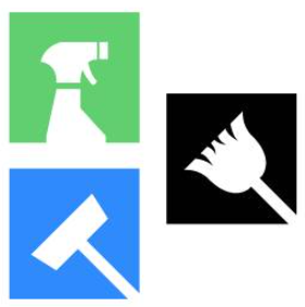 A broom, mop, and spray bottle all together in a graphic.