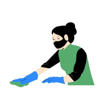 A cartoon graphic of an AK Building Services employee cleaning a surface. 