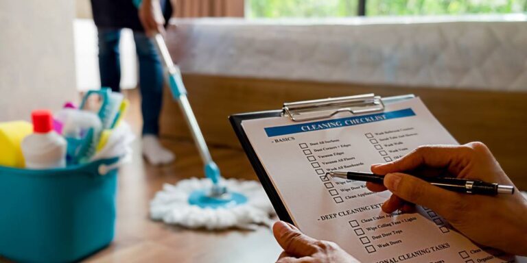 An example of someone following a office cleaning checklist template.