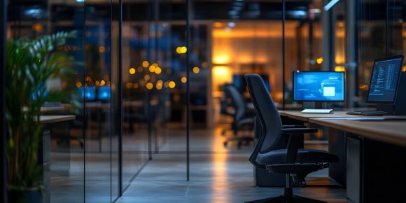 Modern office workspace with computers and chairs, showing the calm atmosphere typical after office cleaning at night.
