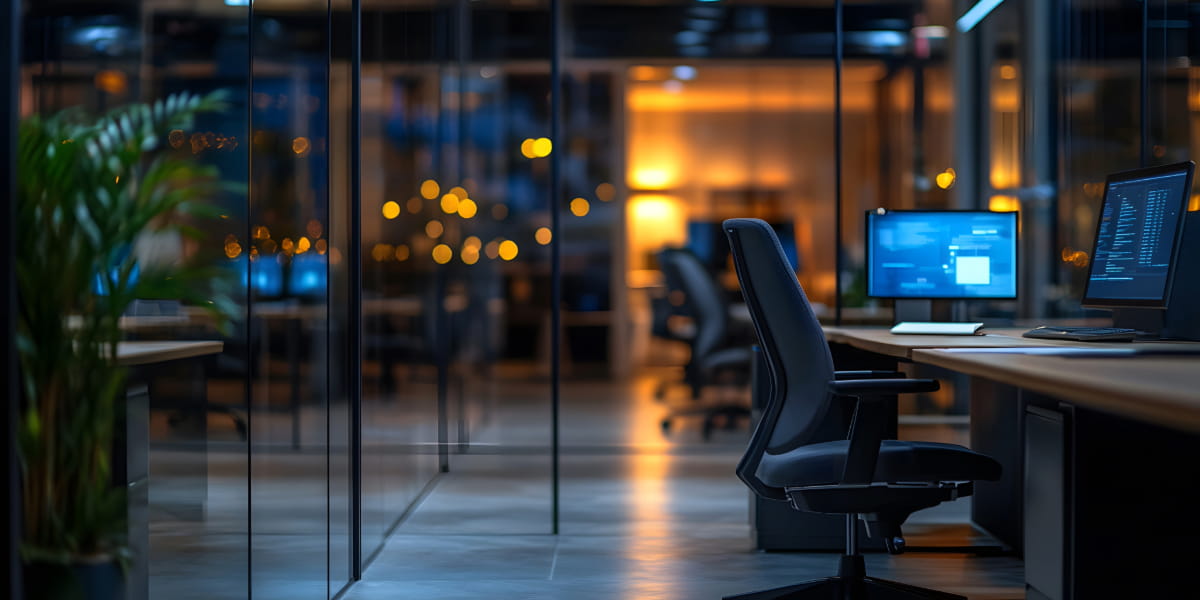 Modern office workspace with computers and chairs, showing the calm atmosphere typical after office cleaning at night.