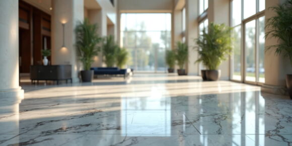 Bright commercial lobby with polished marble floor showing proper results from how to clean stone floors using safe maintenance