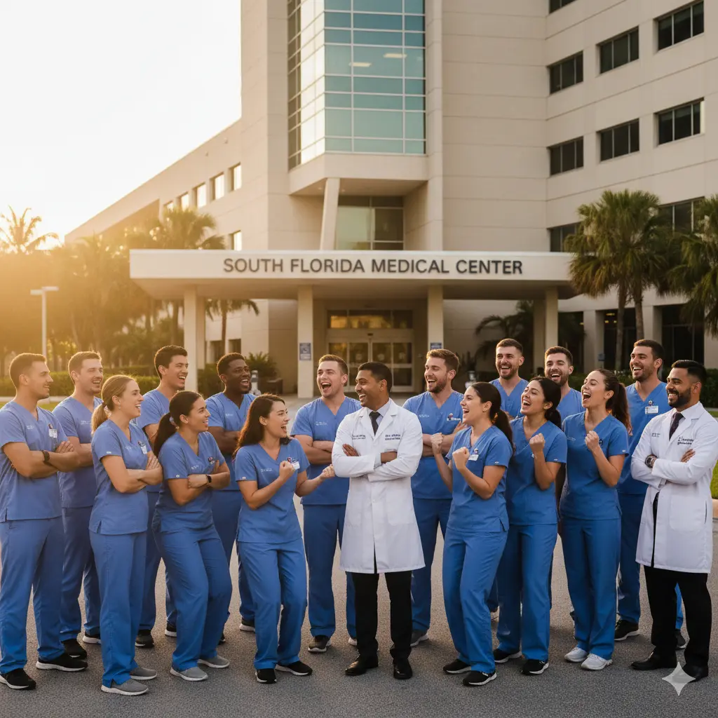 Healthcare professionals outside a South Florida medical center supported by professional cleaning services