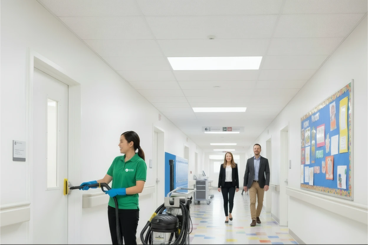 Professional cleaning services in a South Florida facility hallway with staff present